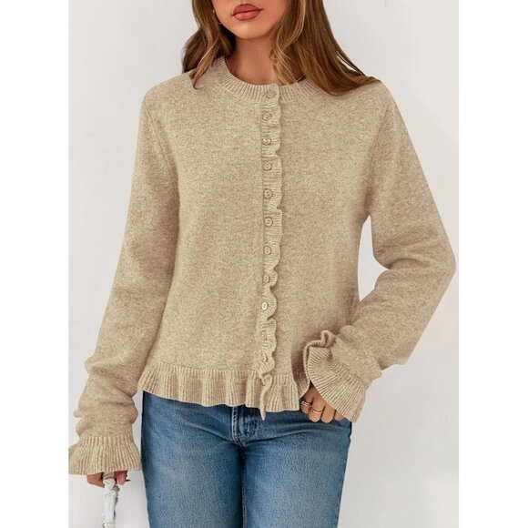 Women’s Chunky Knit Button Down Ruffle Cropped Cardigan Sweater Long Sleeve - Picture 5 of 8